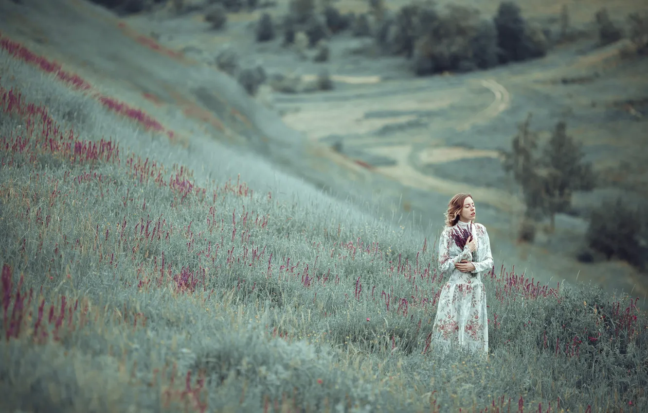 Photo wallpaper grass, girl, flowers, hill, hill, Violet tale