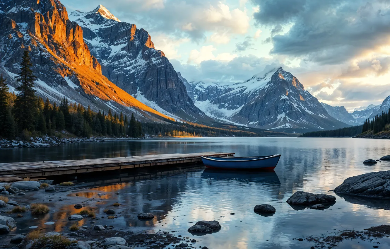 Photo wallpaper winter, snow, mountains, nature, boat, river, landscape, winter