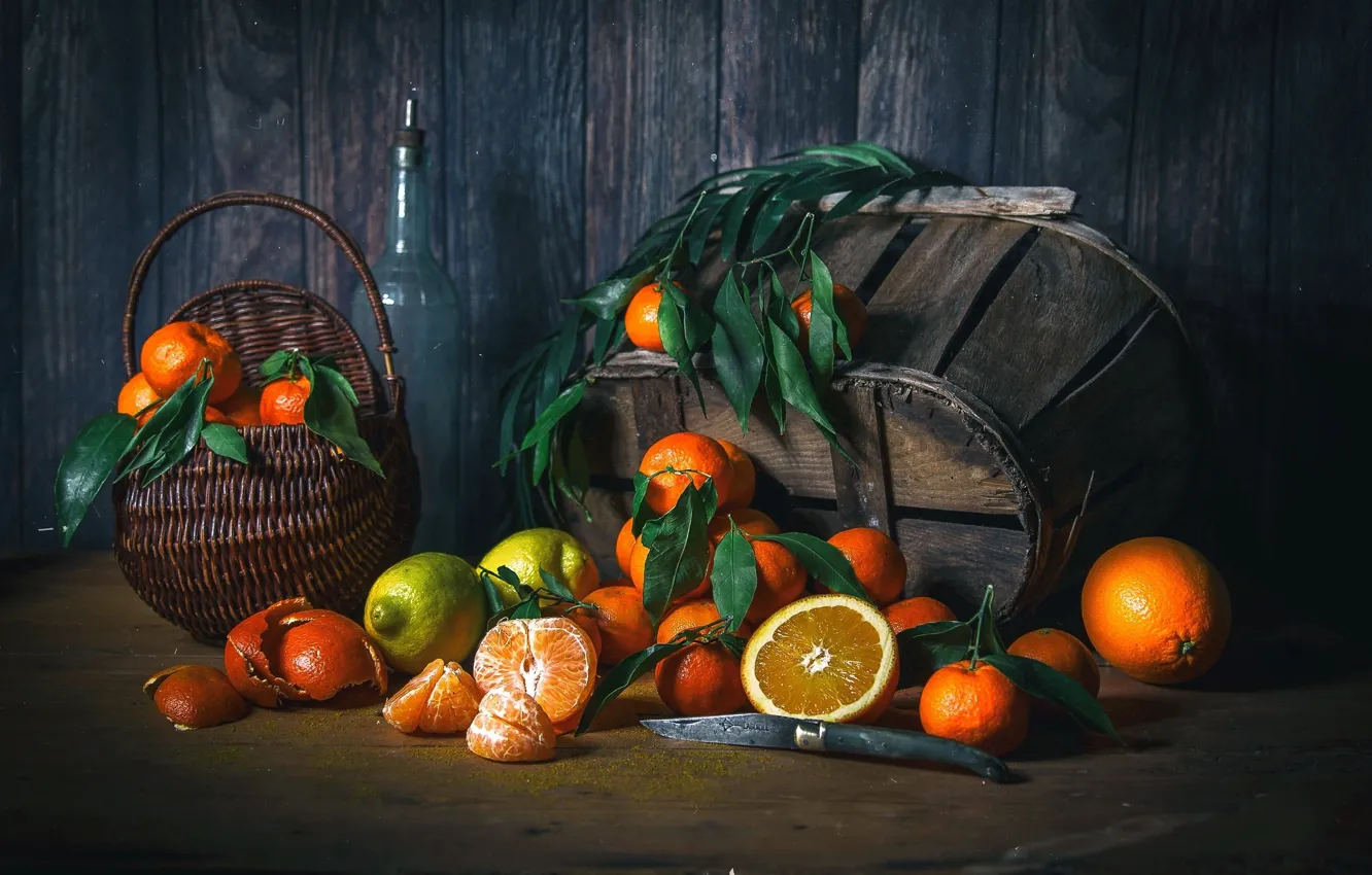 Photo wallpaper lemon, orange, still life, basket, citrus, wood, tangerines