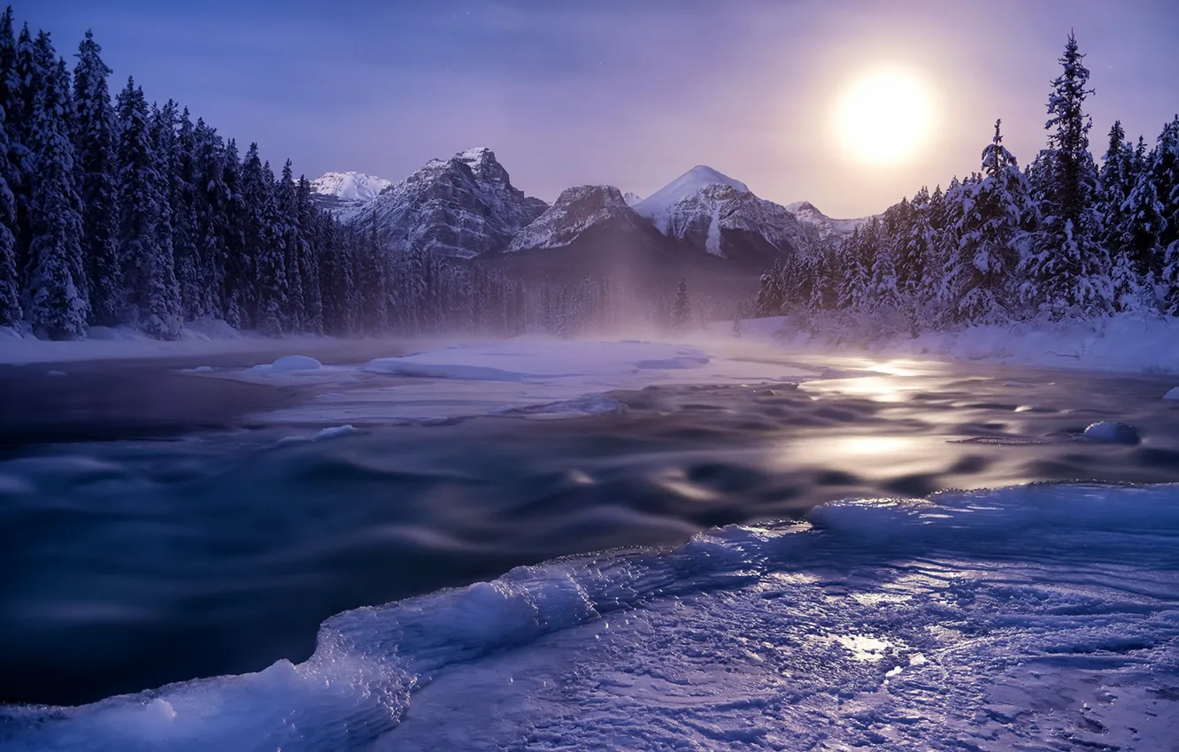 Photo wallpaper ice, winter, sunset, river