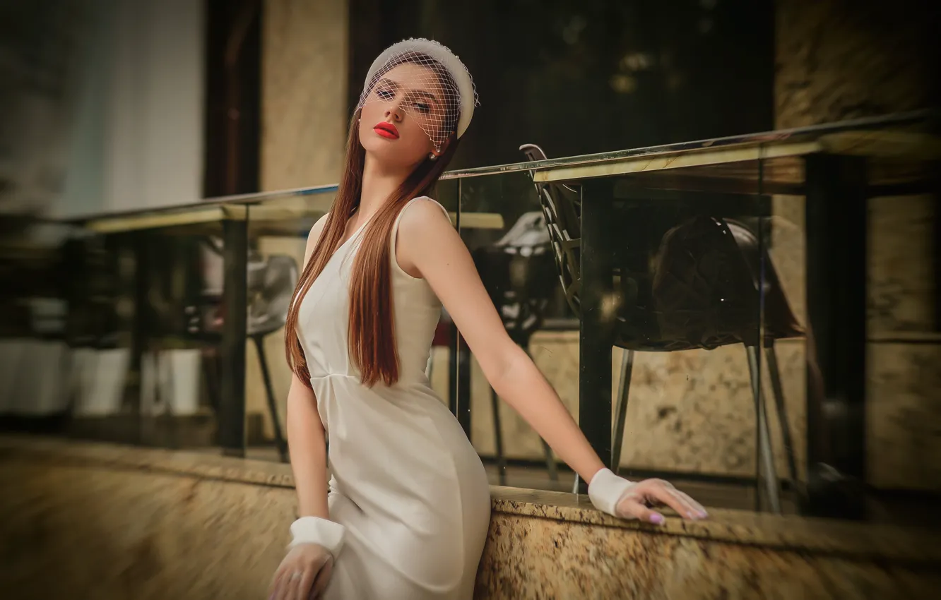 Photo wallpaper girl, pose, mesh, makeup, dress, gloves, brown hair, Anastasia Donskaya