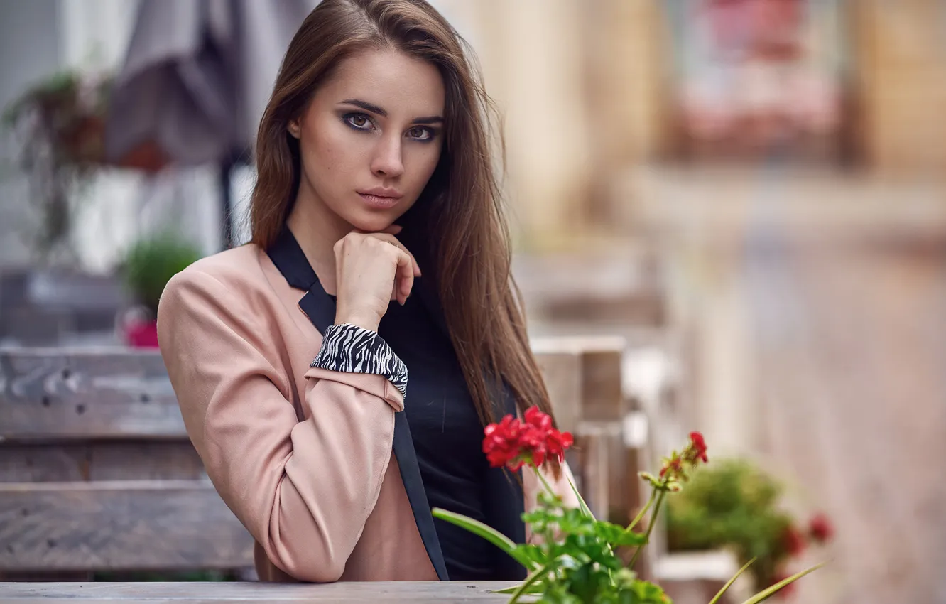 Photo wallpaper look, flowers, pose, model, portrait, hands, makeup, hairstyle