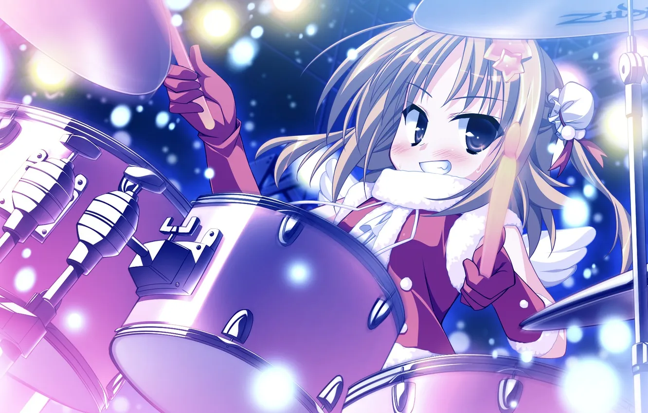 Photo wallpaper girl, snow, wings, art, gloves, stars, drum, hinata mutsuki