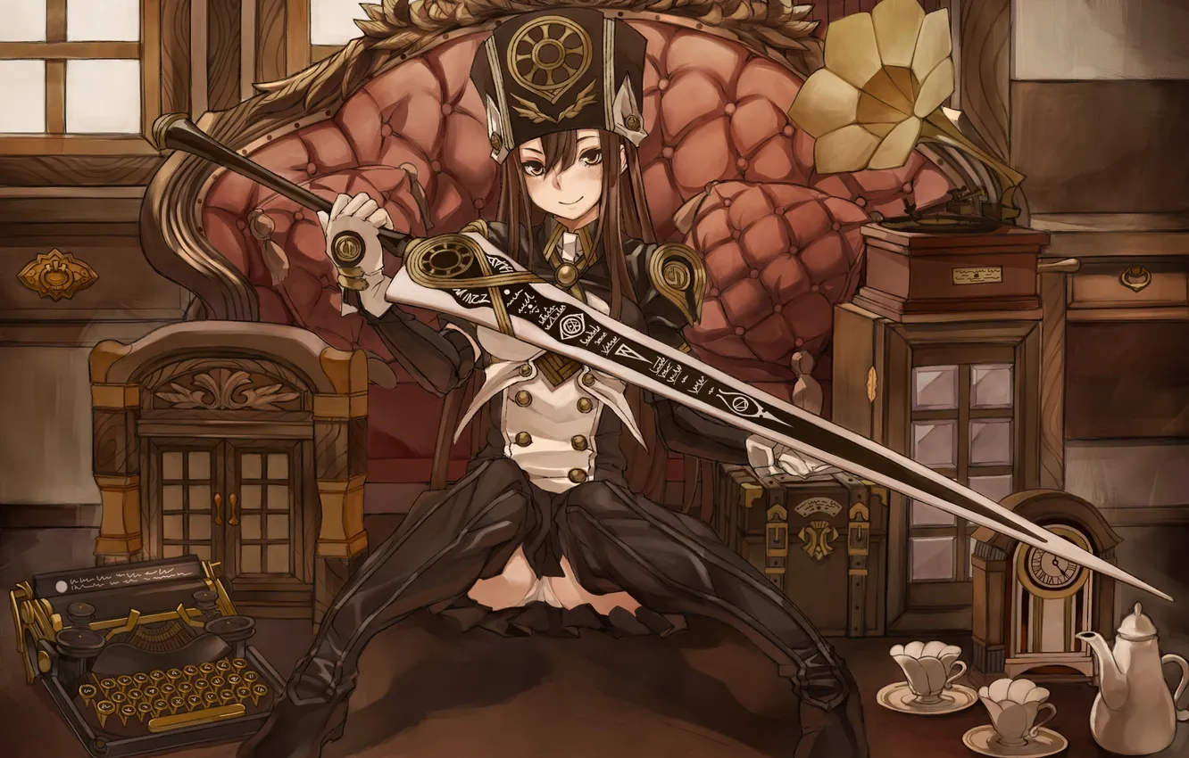 Photo wallpaper sofa, watch, sword, art, girl, sitting, headdress, Ricci