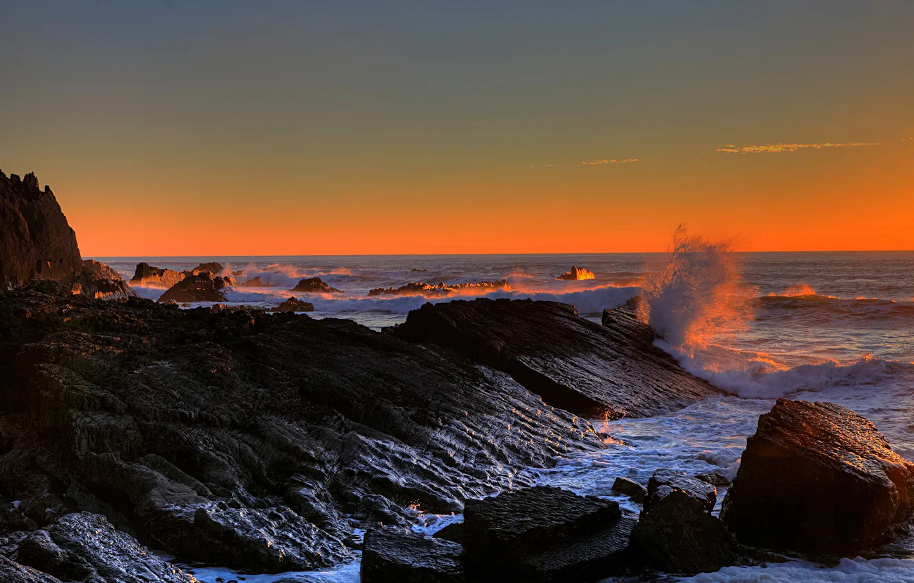 Photo wallpaper sea, rocks, dawn, England, milford