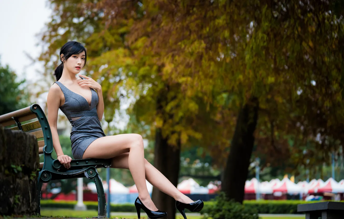 Photo wallpaper girl, Park, legs, Asian, bench