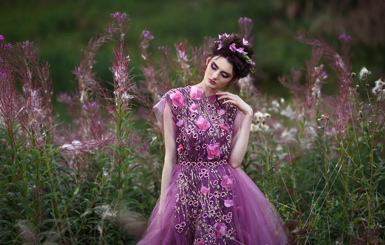 Photo wallpaper field, girl, flowers, nature, mood, the situation, dress, hairstyle