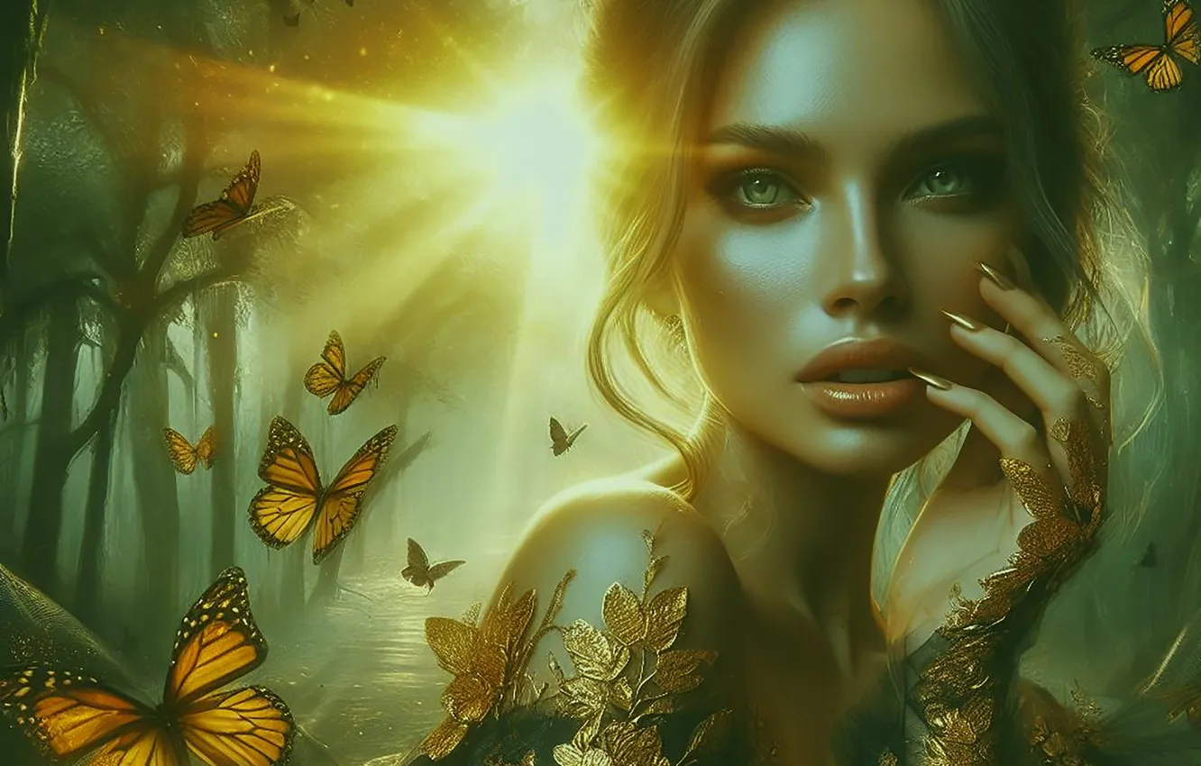 Photo wallpaper look, girl, face, butterfly, generated by AI