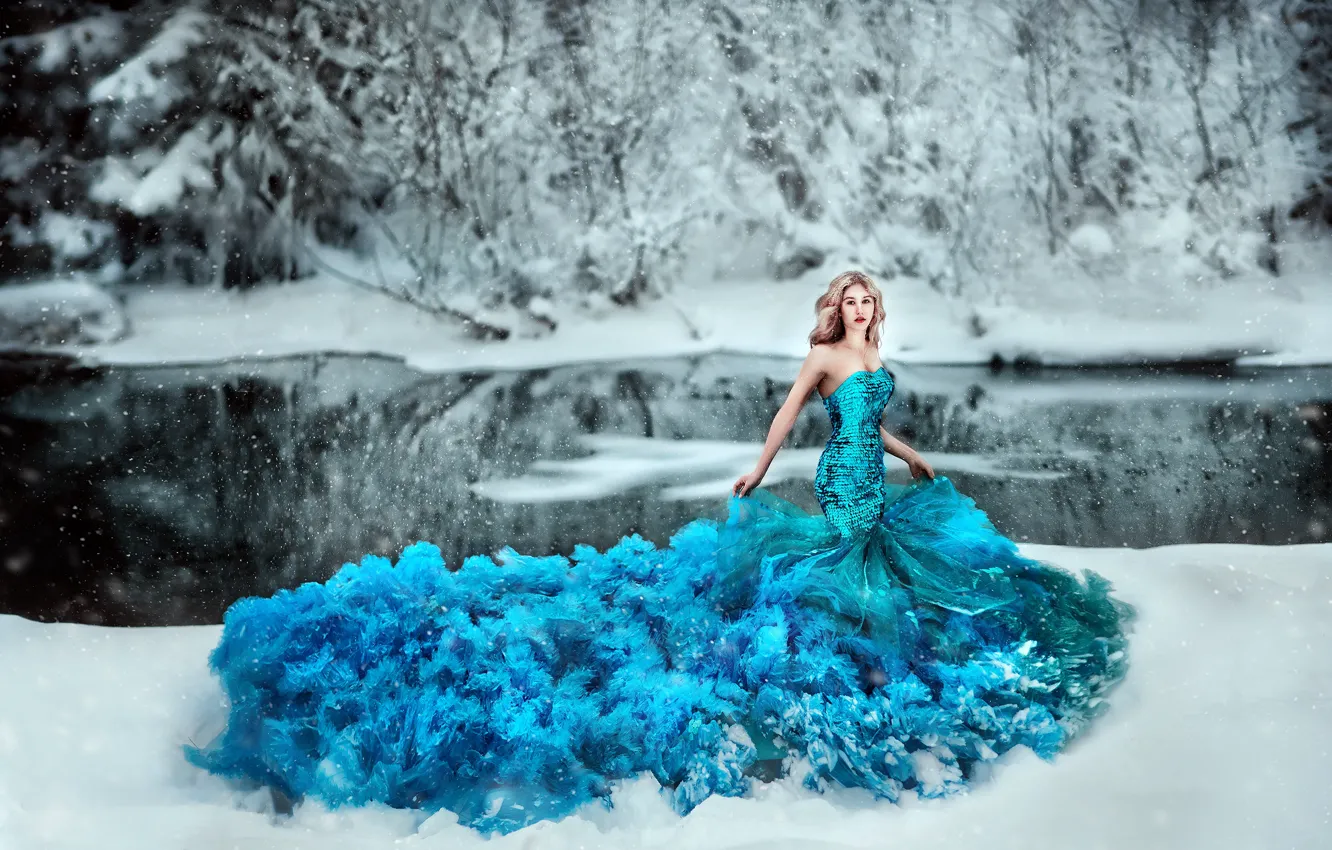 Photo wallpaper winter, frost, forest, girl, snow, trees, branches, blue