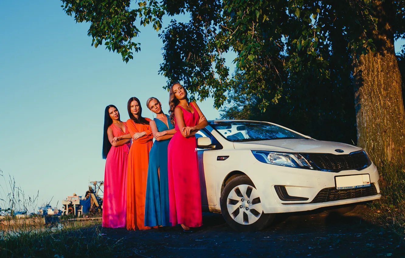 Photo wallpaper the sky, look, girl, trees, dress, Kia, white car