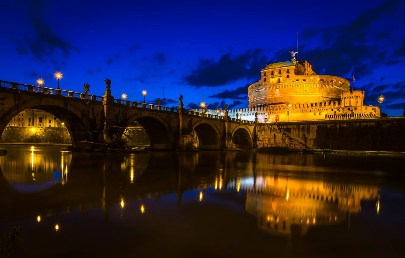 Photo wallpaper the sky, clouds, bridge, river, Rome, Italy, The Tiber, Castel Sant'angelo