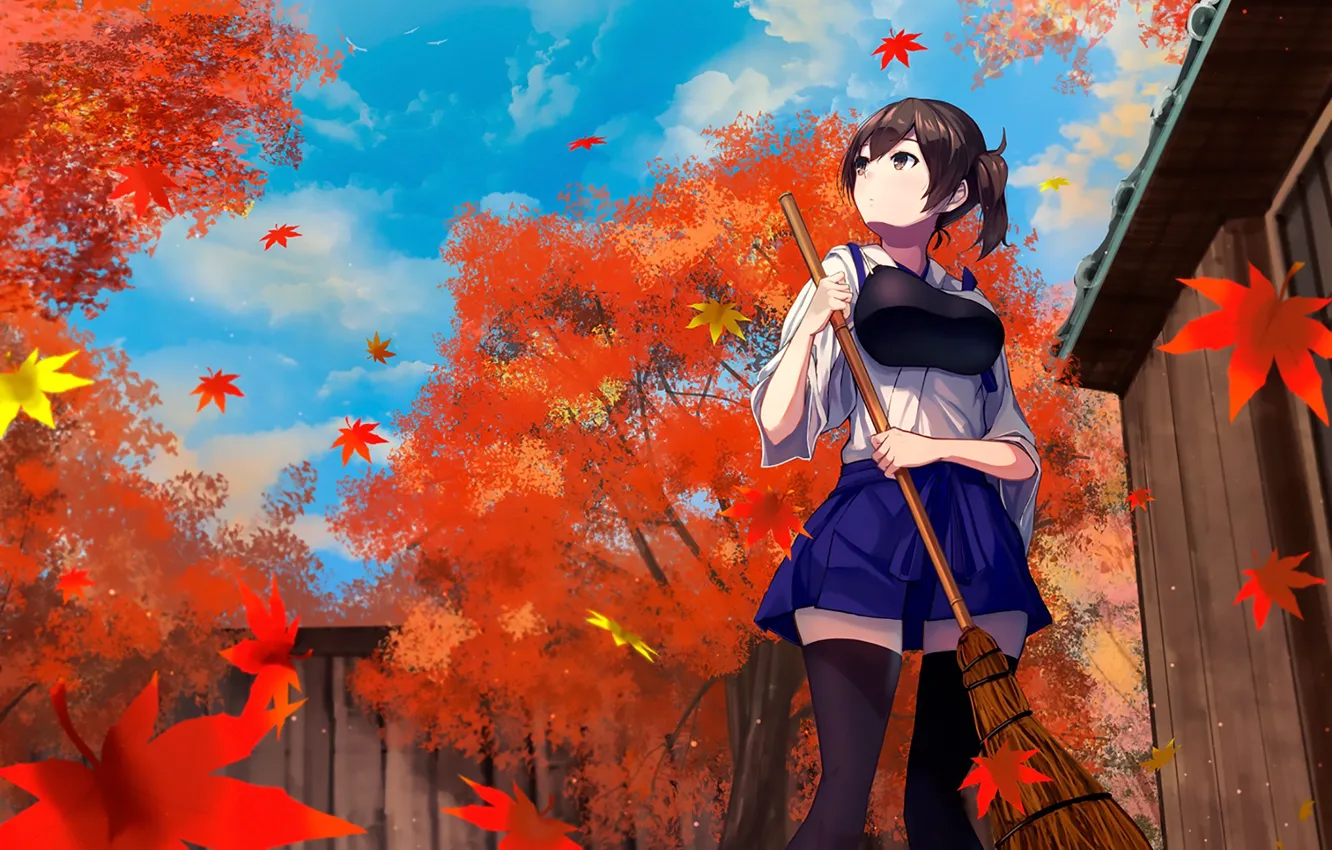 Photo wallpaper autumn, girl, broom, kantai collection