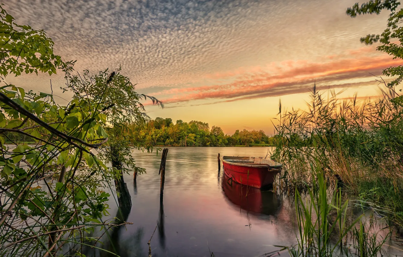 Photo wallpaper river, dawn, boat