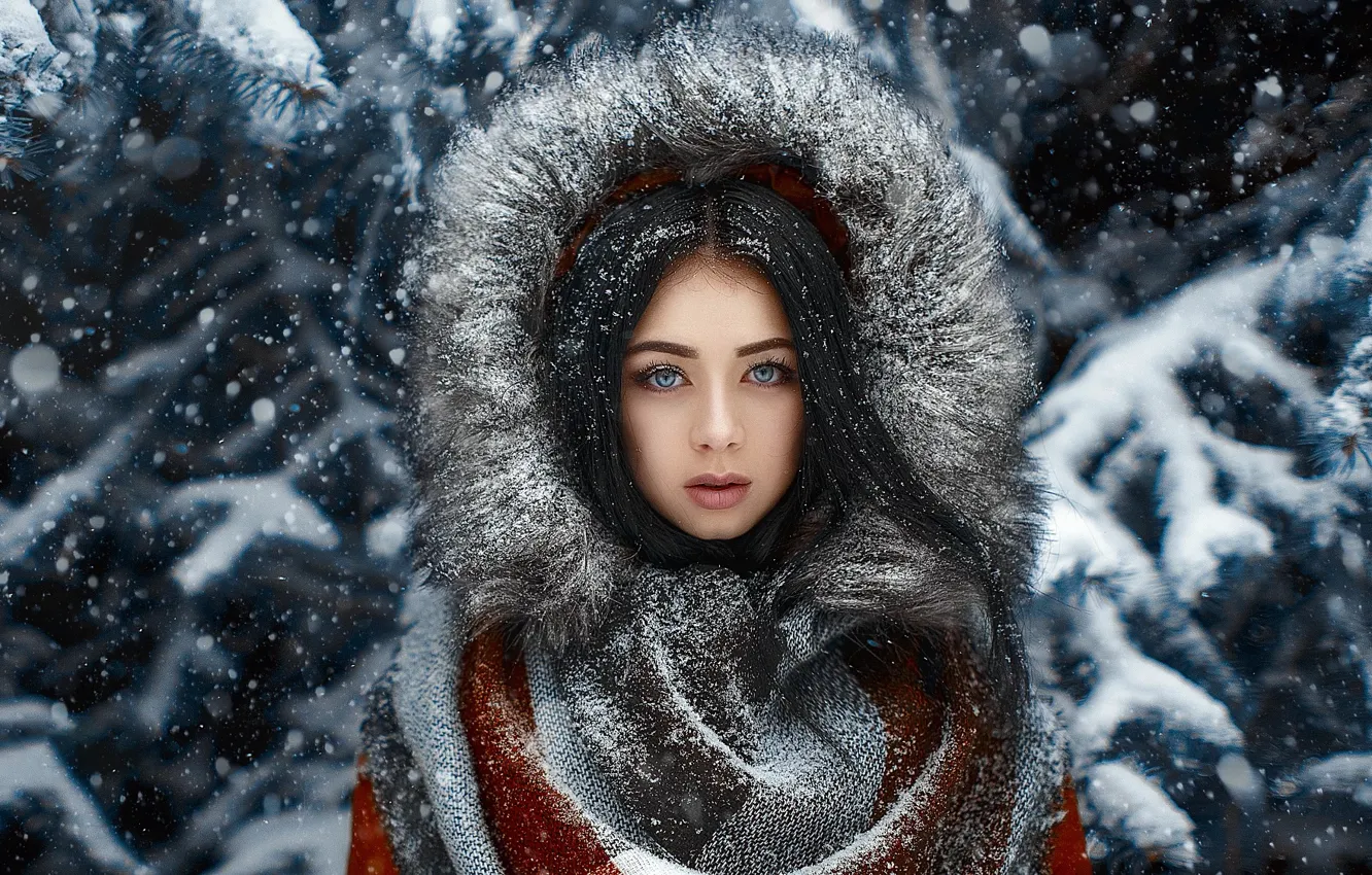 Photo wallpaper Girl, Look, Snow, Hair, Coat, Natalie
