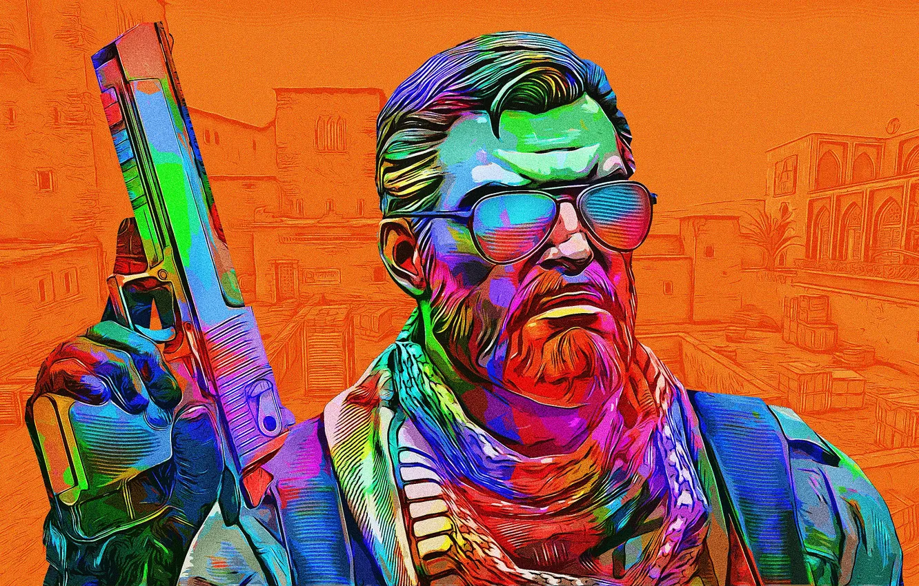 Photo wallpaper gun, weapons, color, man, glasses, bright, Counter-Strike: Global Offensive