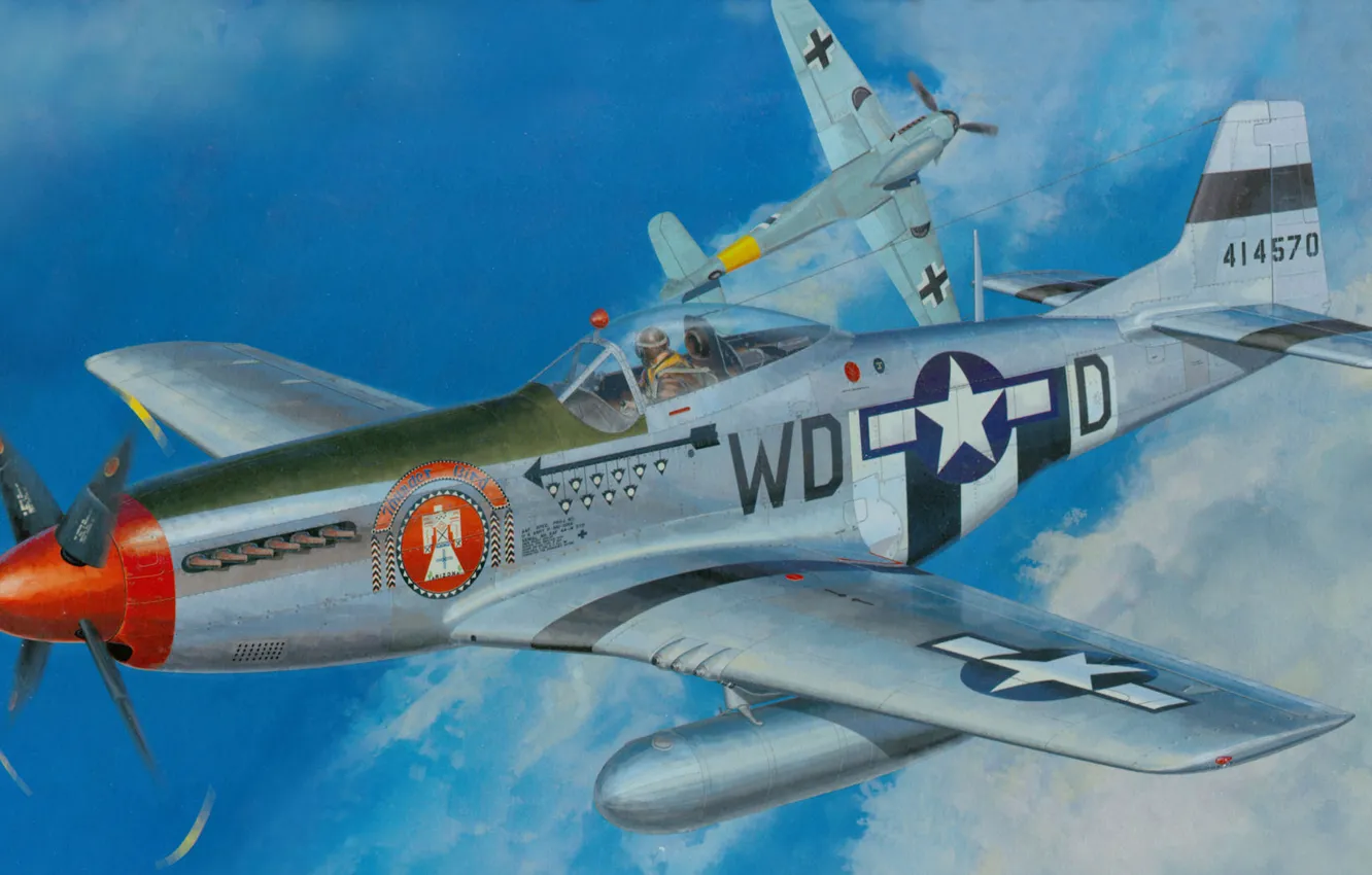 Photo wallpaper war, figure, Mustang, fight, American, Messer, P-51D, Aces
