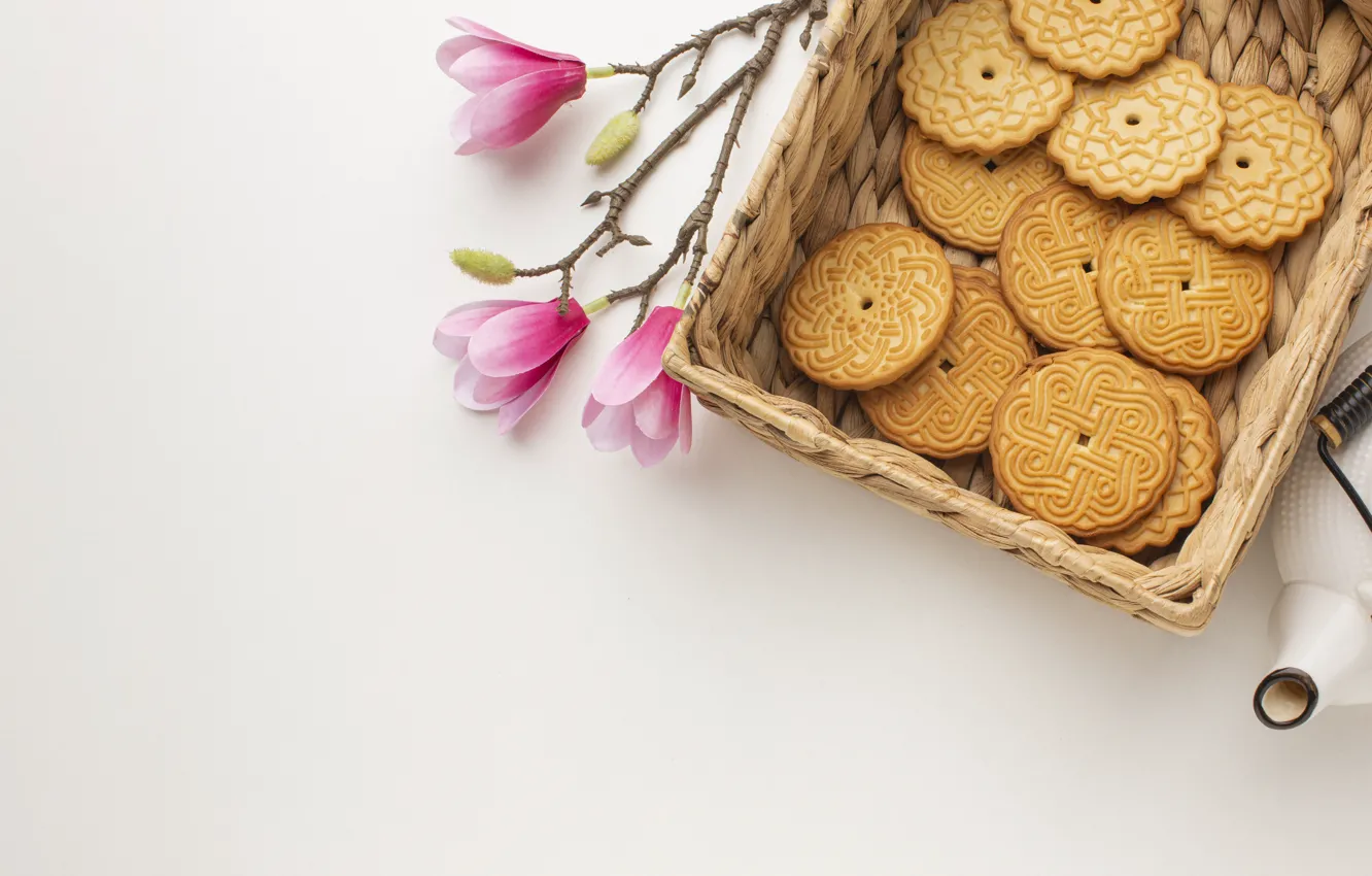 Photo wallpaper flowers, background, basket, cookies
