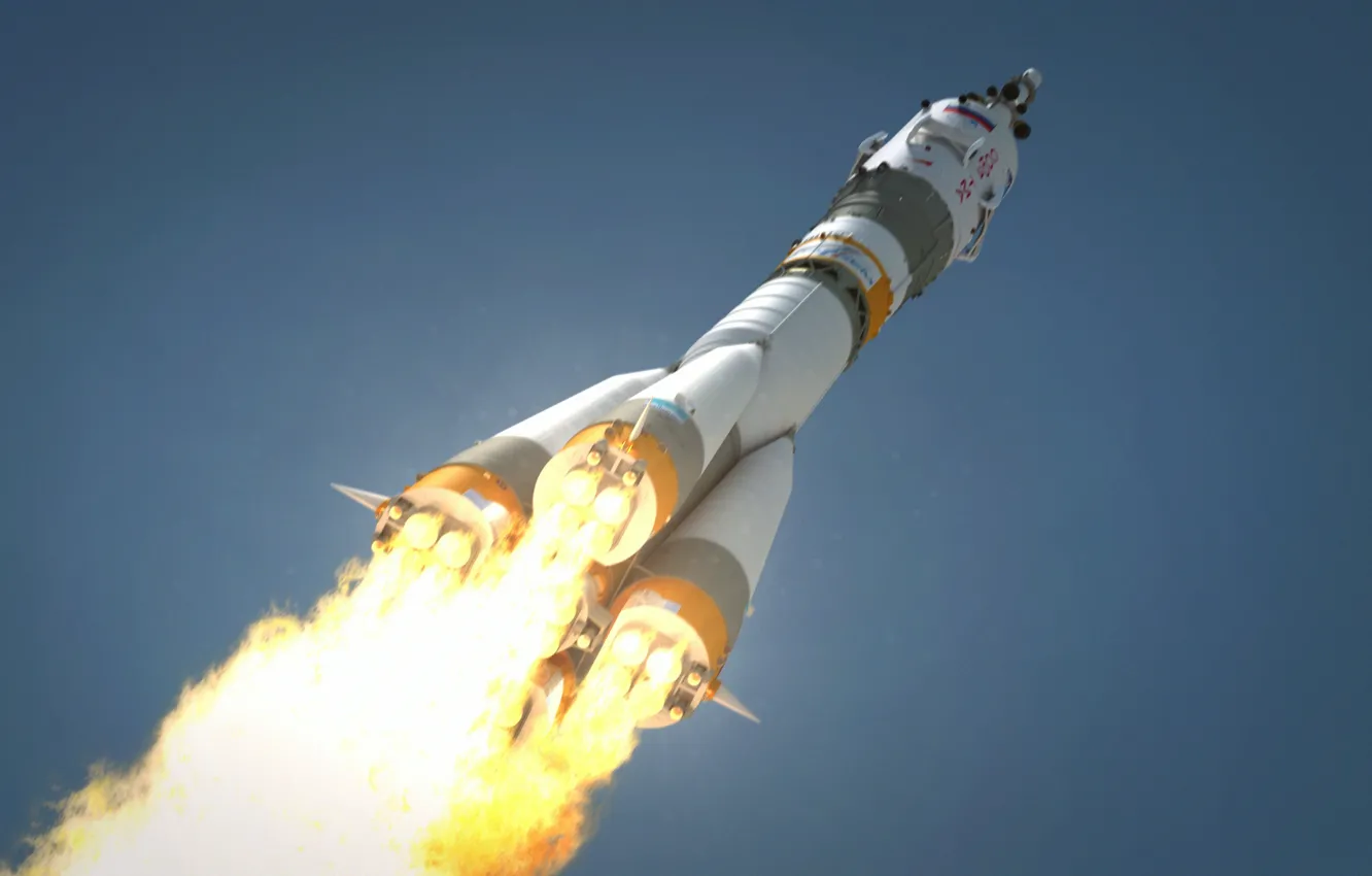 Photo wallpaper the sky, engine, flame, rocket, Russia, spaceport, the rise, Union
