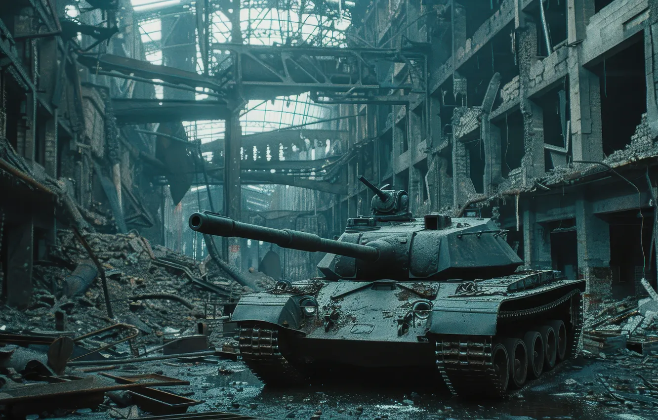 Photo wallpaper building, tank, devastation, digital art, AI art, The Art of Artificial Intelligence, War and conflict …