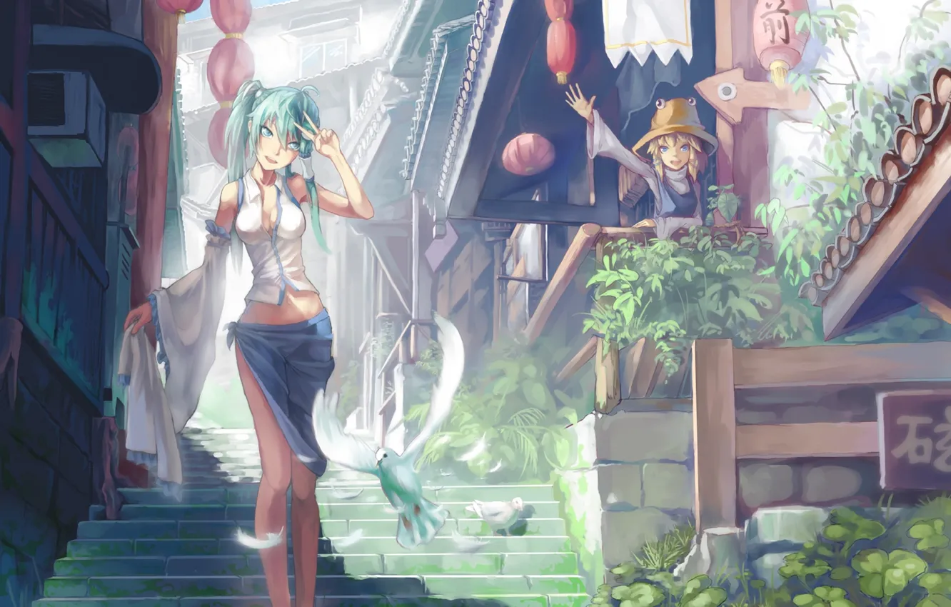 Photo wallpaper greens, birds, girls, street, gestures, Touhou, greeting, Kochi Have Done The Art