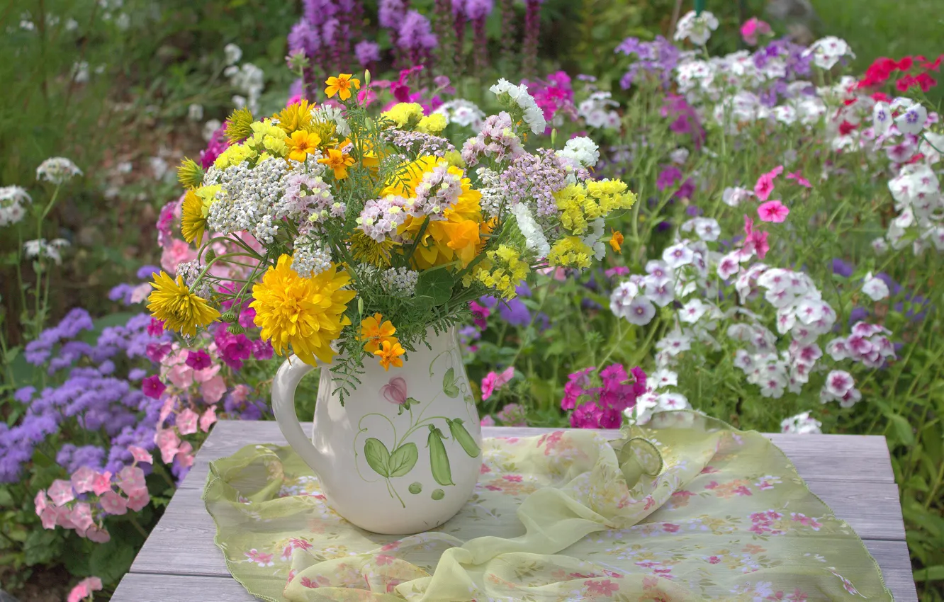 Photo wallpaper flowers, table, bouquet, still life, composition