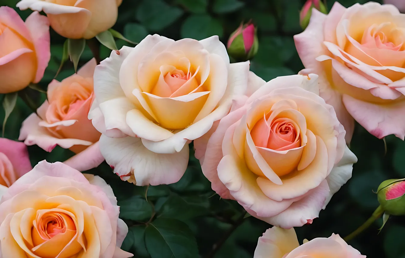 Photo wallpaper flowers, orange, roses, garden, cream, AI art, neural network