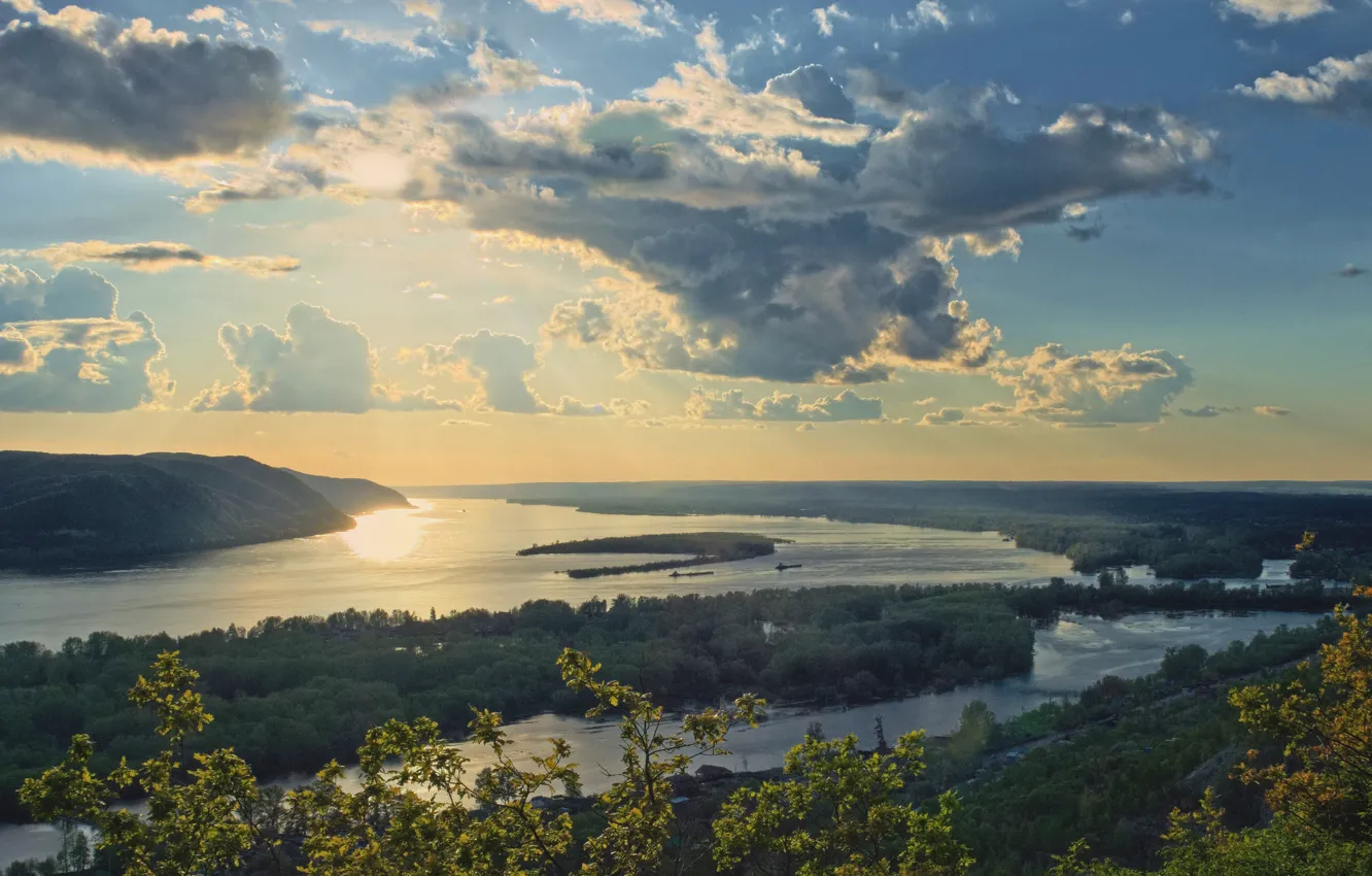 Photo wallpaper forest, the sky, the sun, clouds, mountains, branches, river, hills