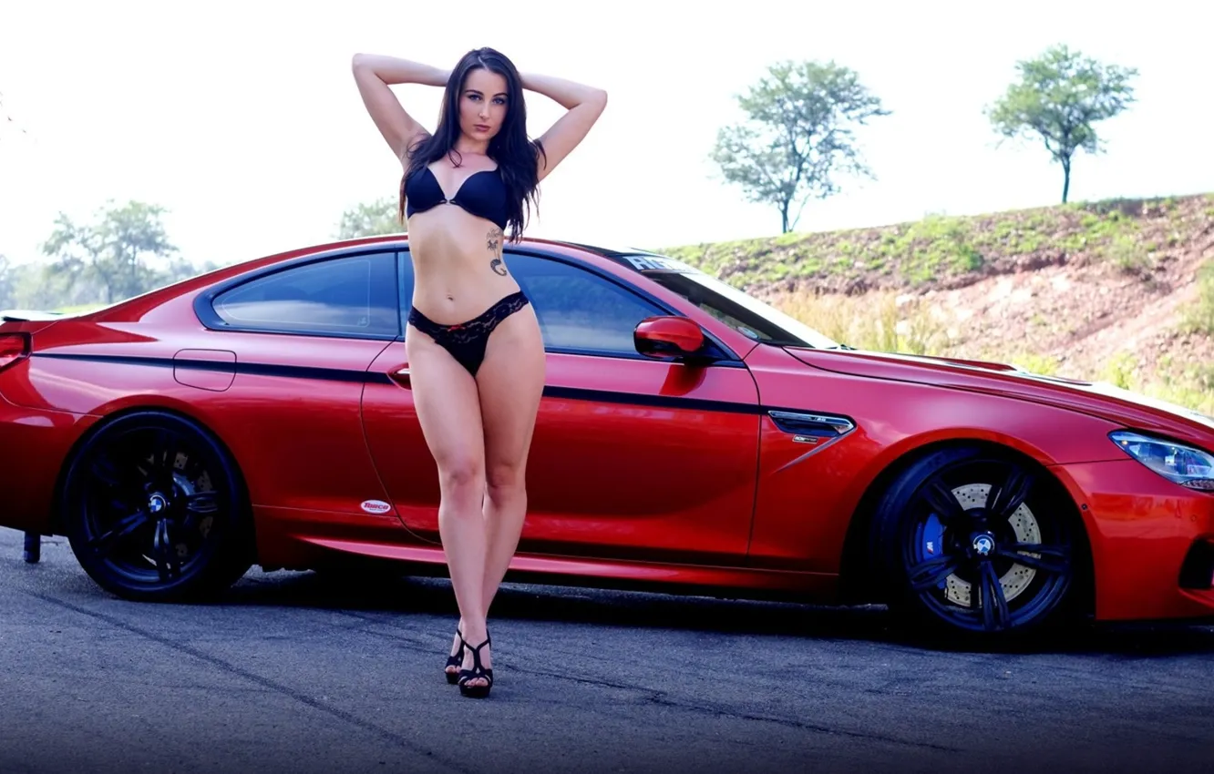 Photo wallpaper look, BMW, linen, Erotic, beautiful girl, machine, red car, posing on the car