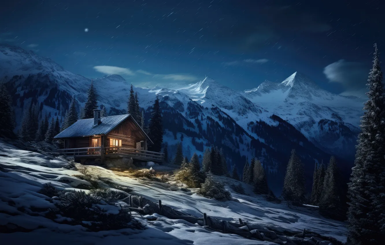 Photo wallpaper winter, forest, snow, mountains, night, nature, house, house