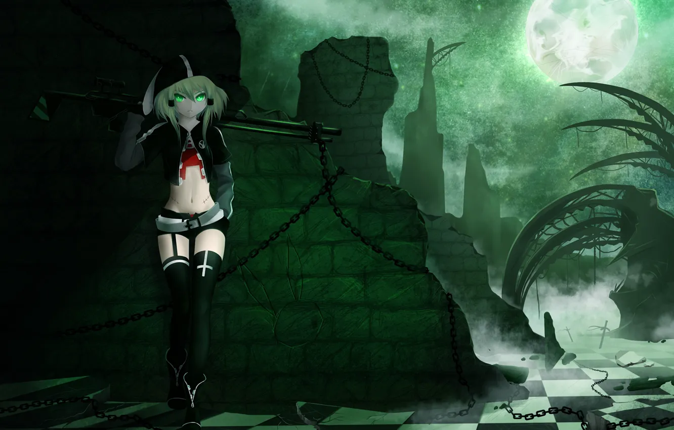 Photo wallpaper dark, moon, green eyes, anime, anime girl