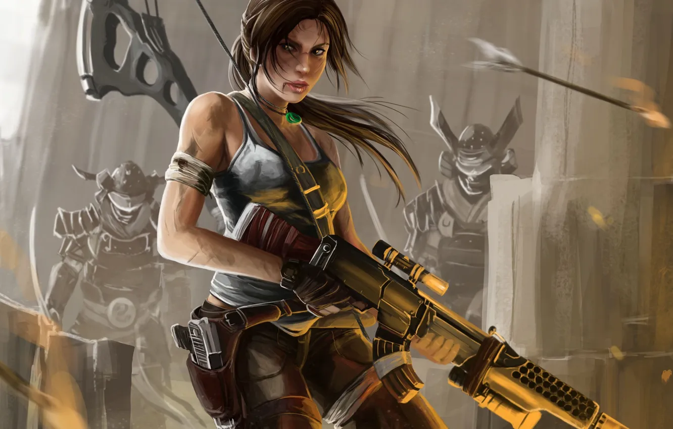 Photo wallpaper girl, bow, art, machine, arrow, tomb raider, Lara Croft, enemies