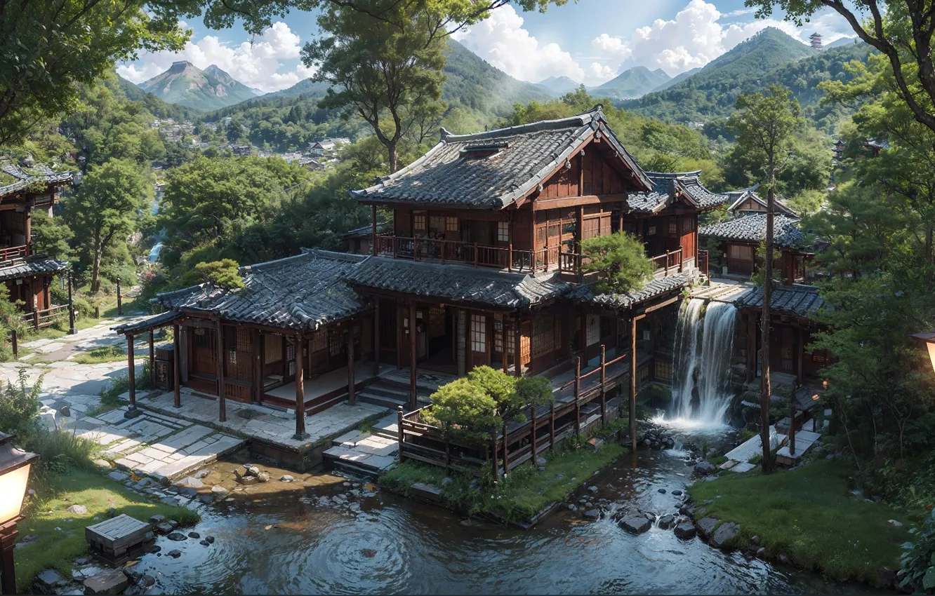 Photo wallpaper house, grass, trees, water, mountains, digital art, artwork, plants