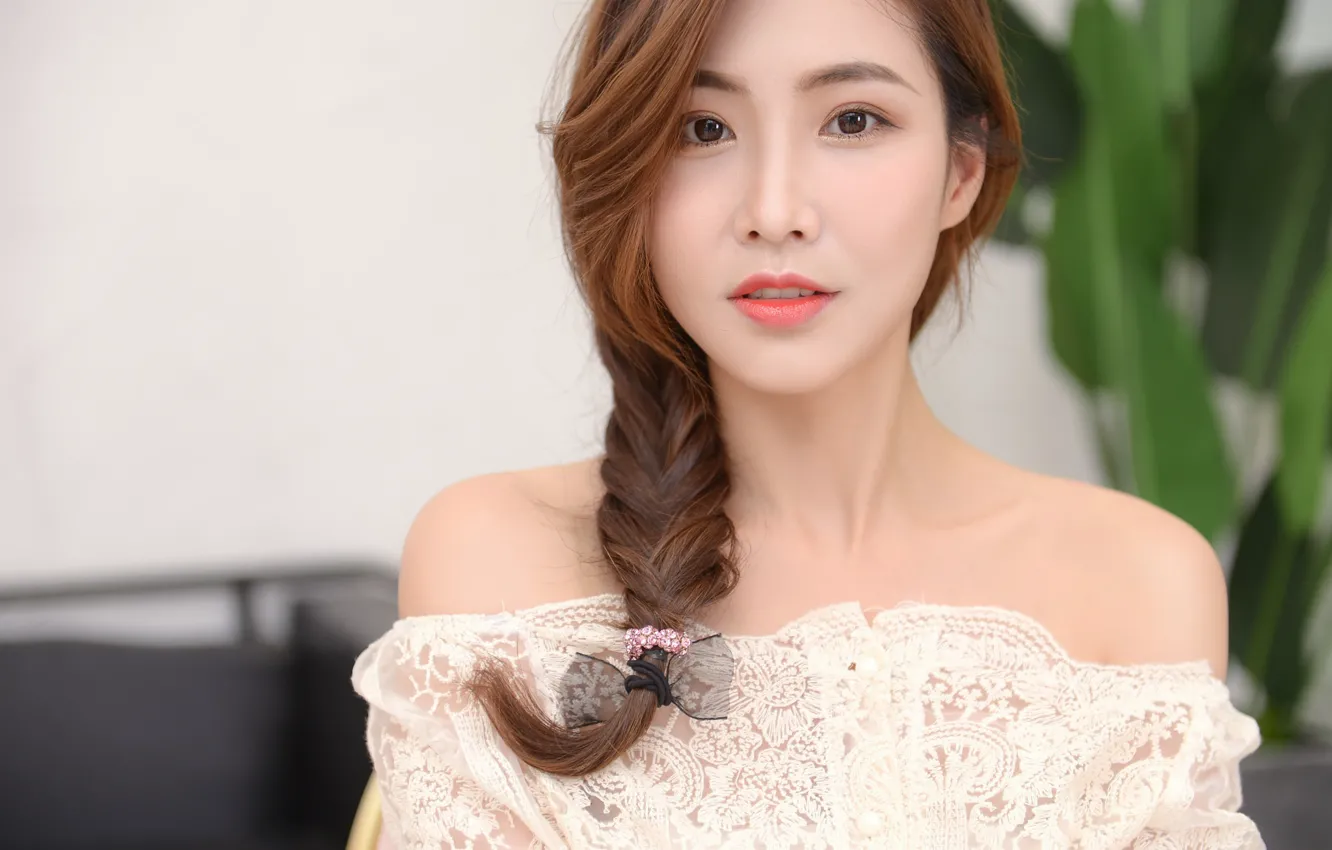 Photo wallpaper girl, dress, brown hair, brown eyes, photo, model, braid, lips