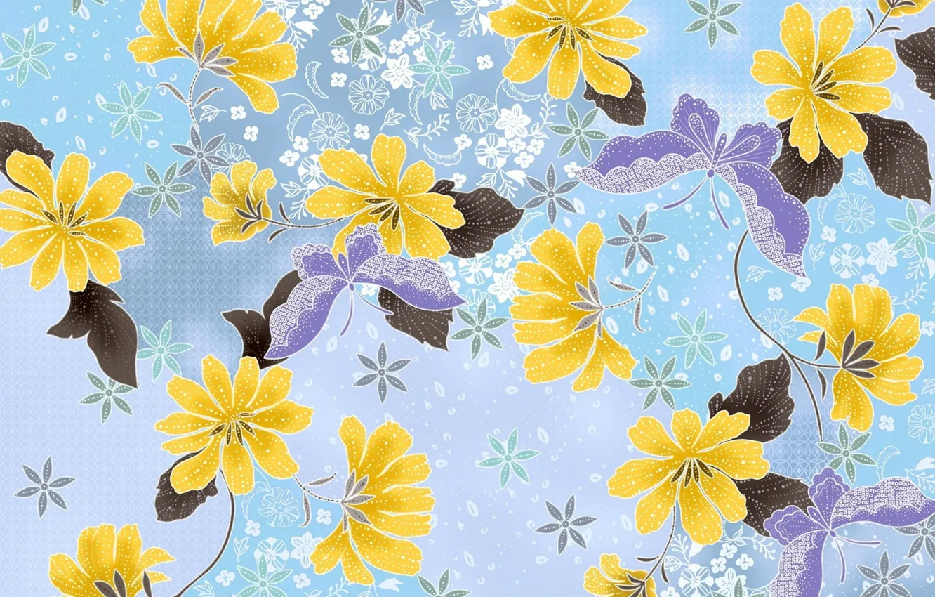 Photo wallpaper leaves, butterfly, flowers
