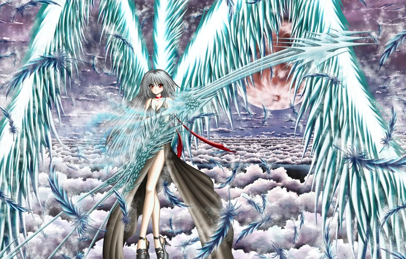 Photo wallpaper the sky, girl, clouds, weapons, the moon, wings, anime, art