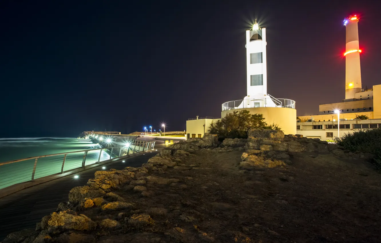 Photo wallpaper sea, light, night, lights, stones, lighthouse, lamp, promenade