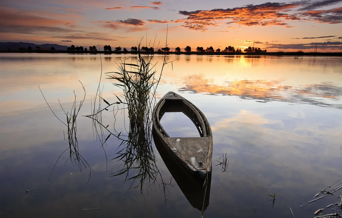 Photo wallpaper sunset, lake, boat