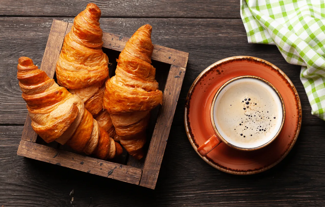 Photo wallpaper coffee, Breakfast, Cup, cakes, coffee cup, croissants, growing, breackfast
