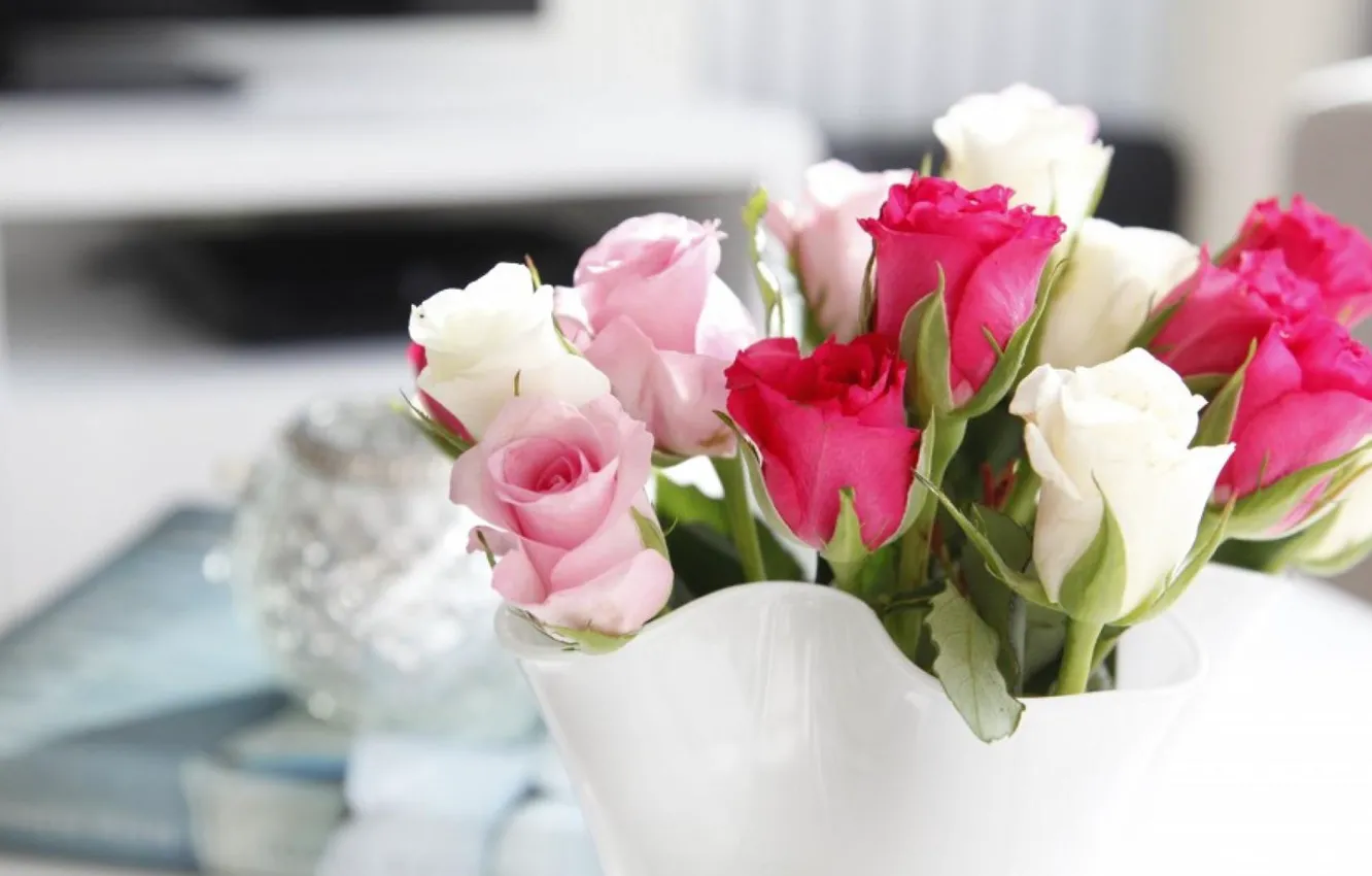 Photo wallpaper white, flowers, pink, roses, bouquet, vase, raspberry