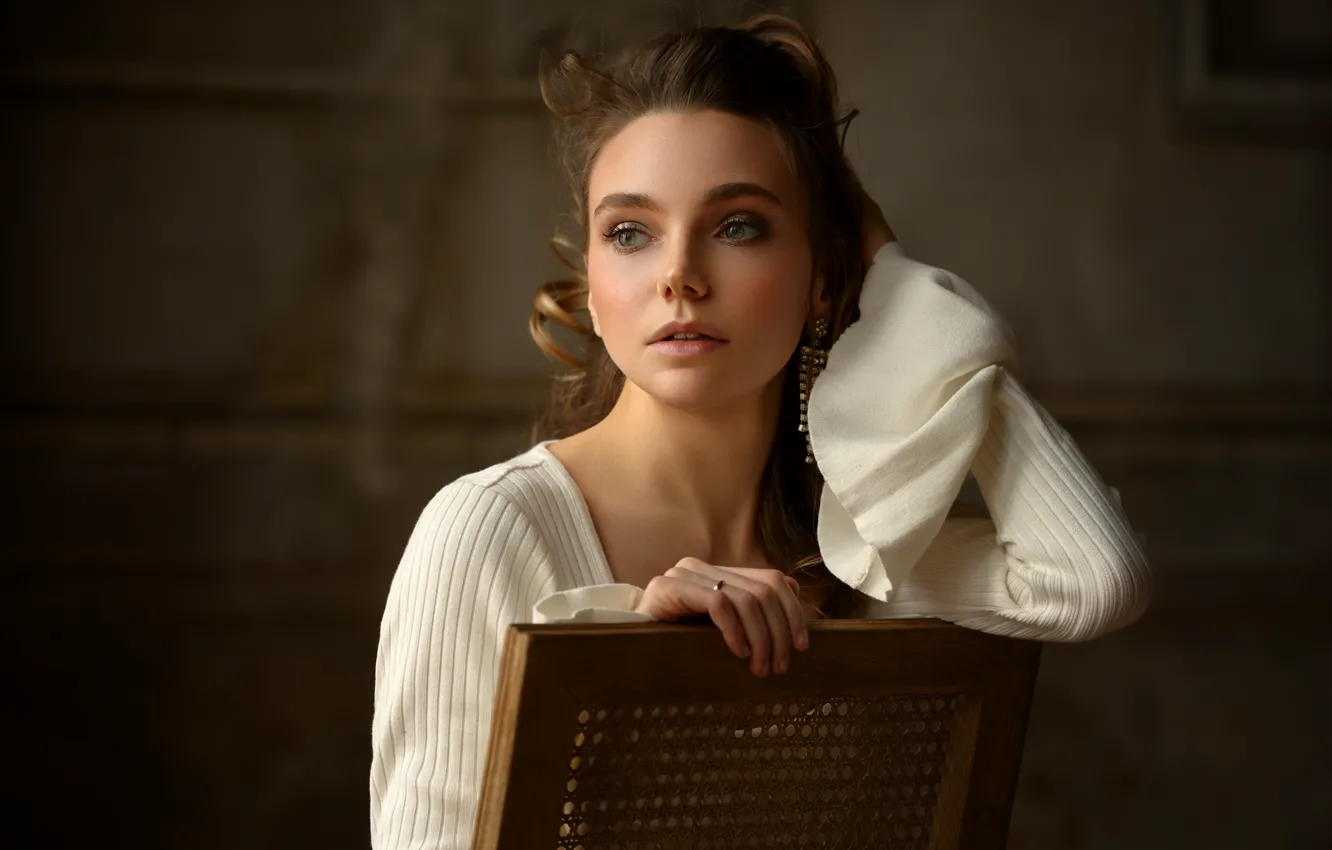 Photo wallpaper look, girl, chair, brown hair, back, Denis Drozhzhin