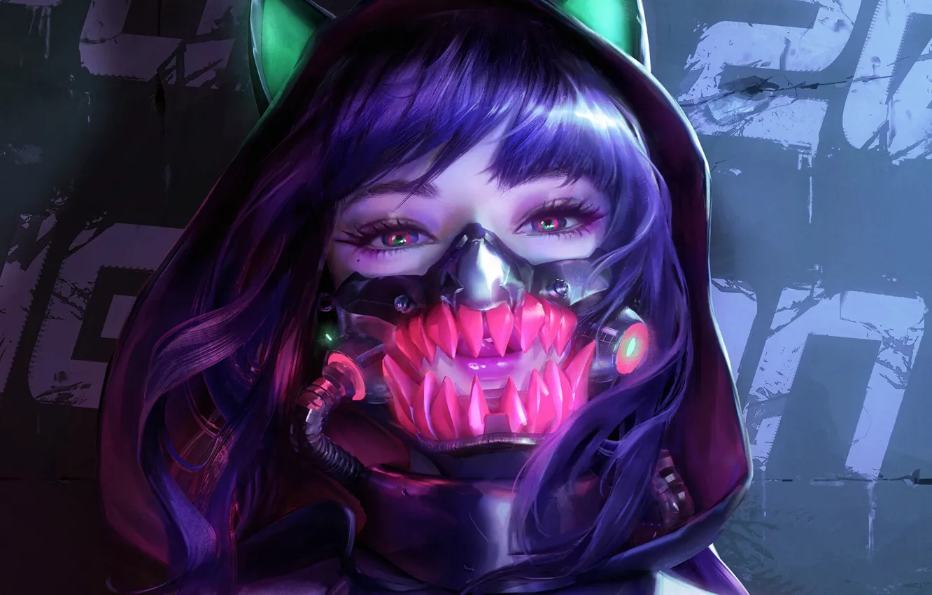 Photo wallpaper look, girl, face, teeth, mask, fantasy, art, hood