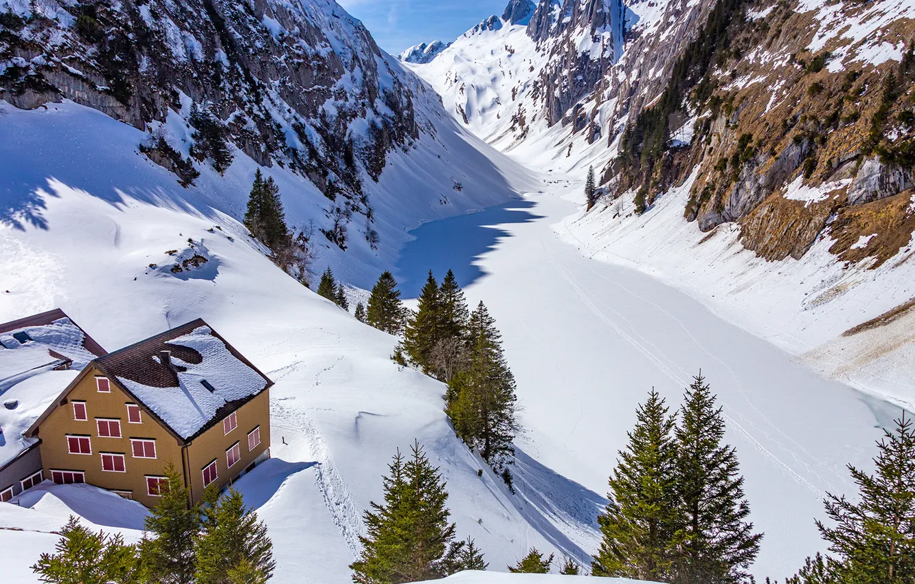 Photo wallpaper snow, mountains, lake, home, Switzerland, Alps, Morgan