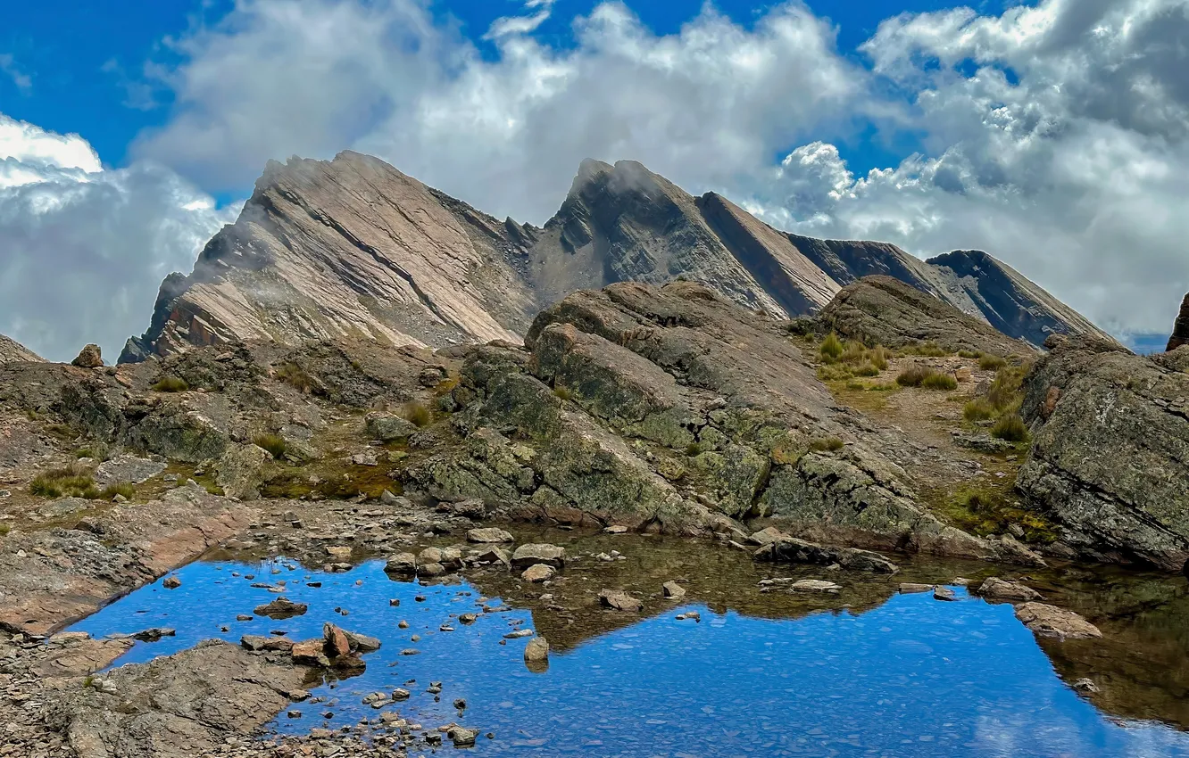 Photo wallpaper clouds, mountains, lake