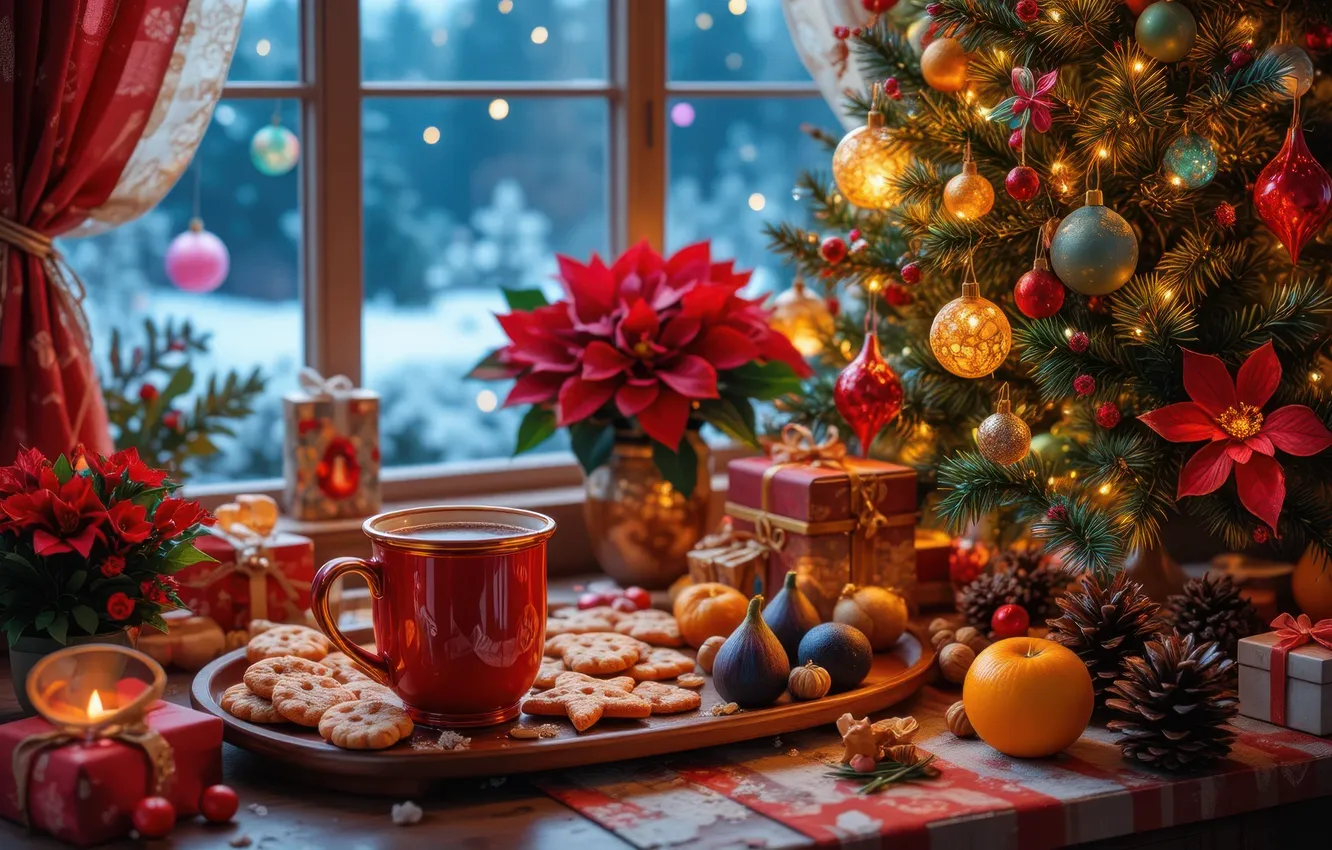 Photo wallpaper winter, snow, branches, lights, table, new year, window, Christmas