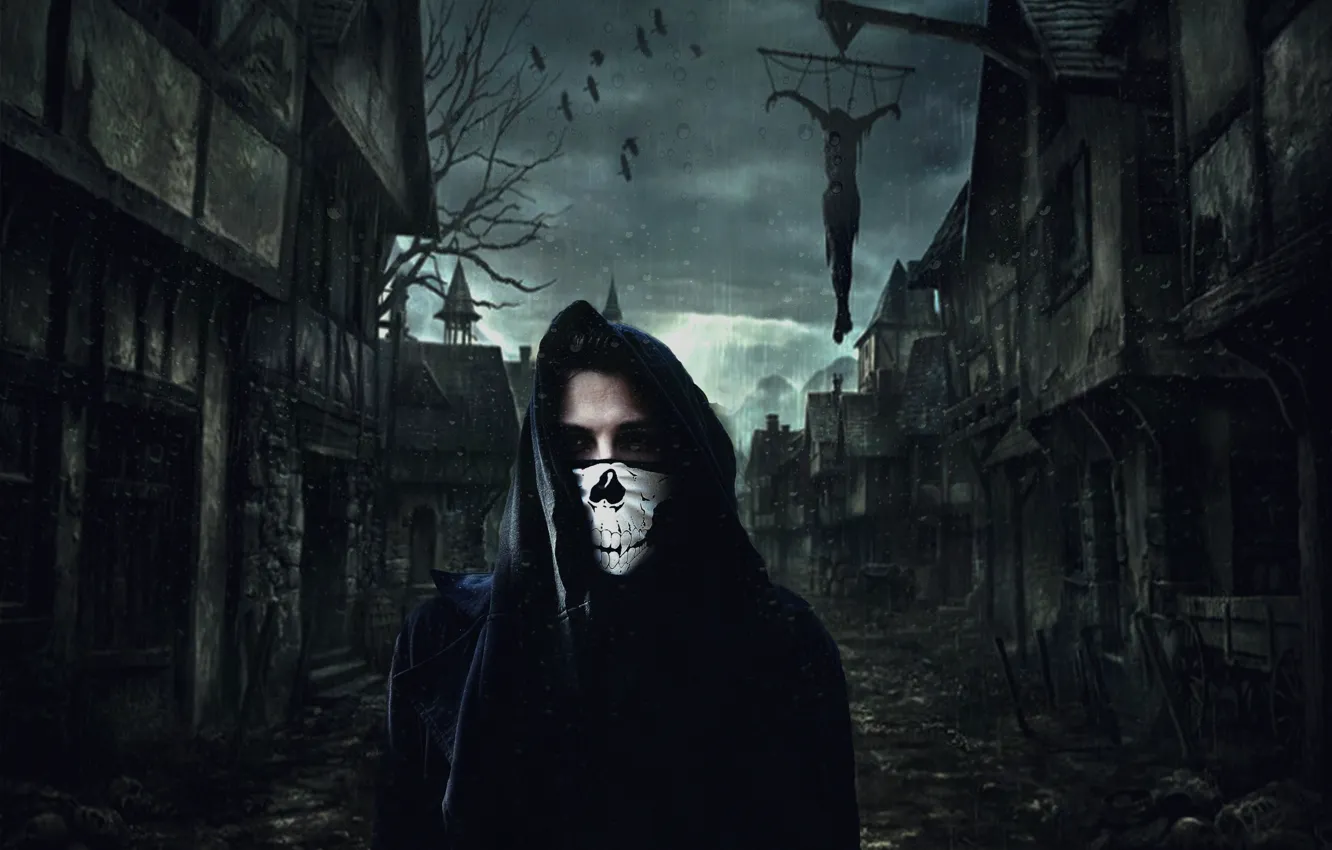 Photo wallpaper the darkness, black, skull, mantle, killer, hanging