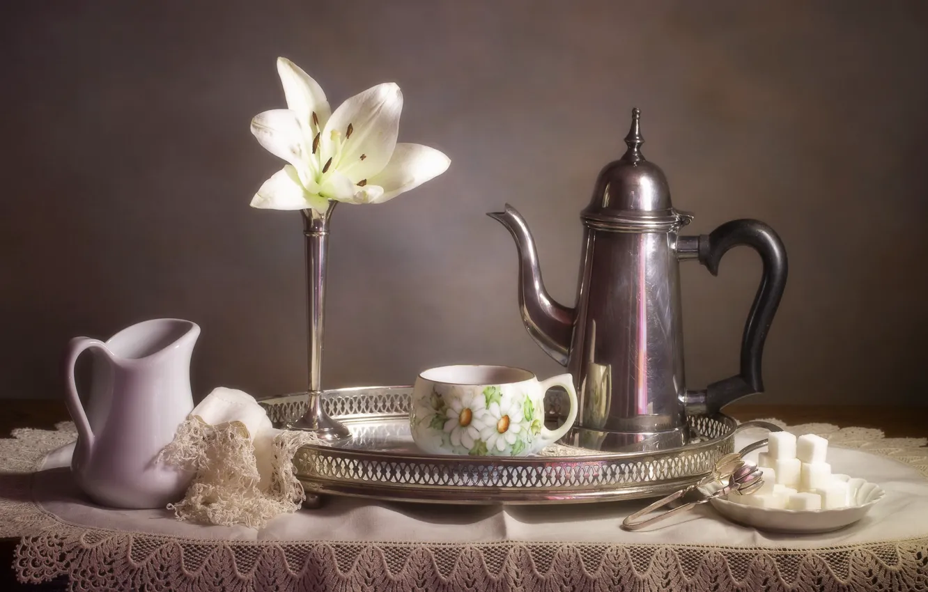 Photo wallpaper Lily, coffee pot, Cup, sugar, still life