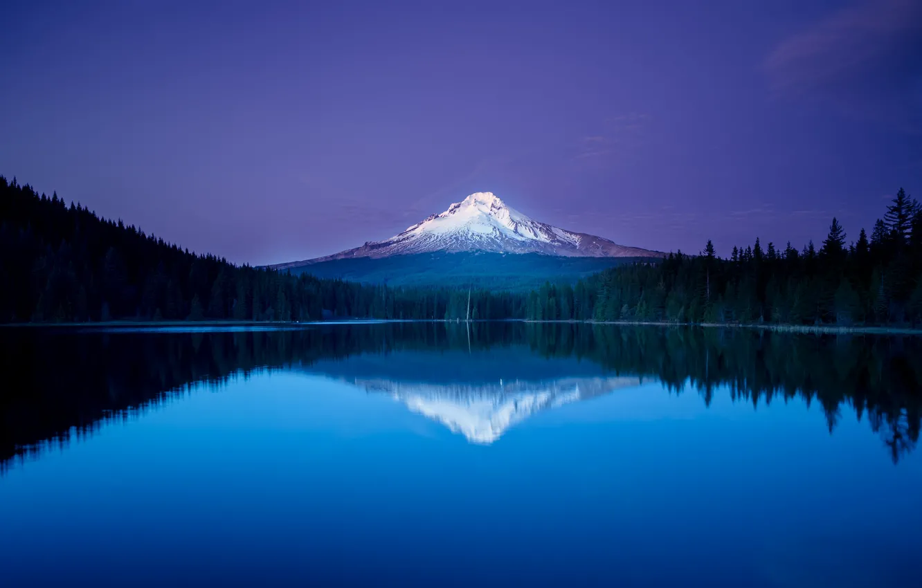 Photo wallpaper forest, the sky, snow, lake, reflection, mountain