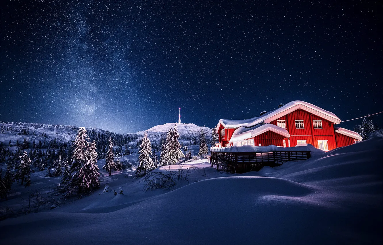 Photo wallpaper winter, the sky, snow, trees, landscape, nature, the city, house