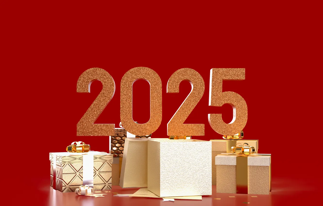 Photo wallpaper box, gift, new year, figures, gold plated, bow, red background, date