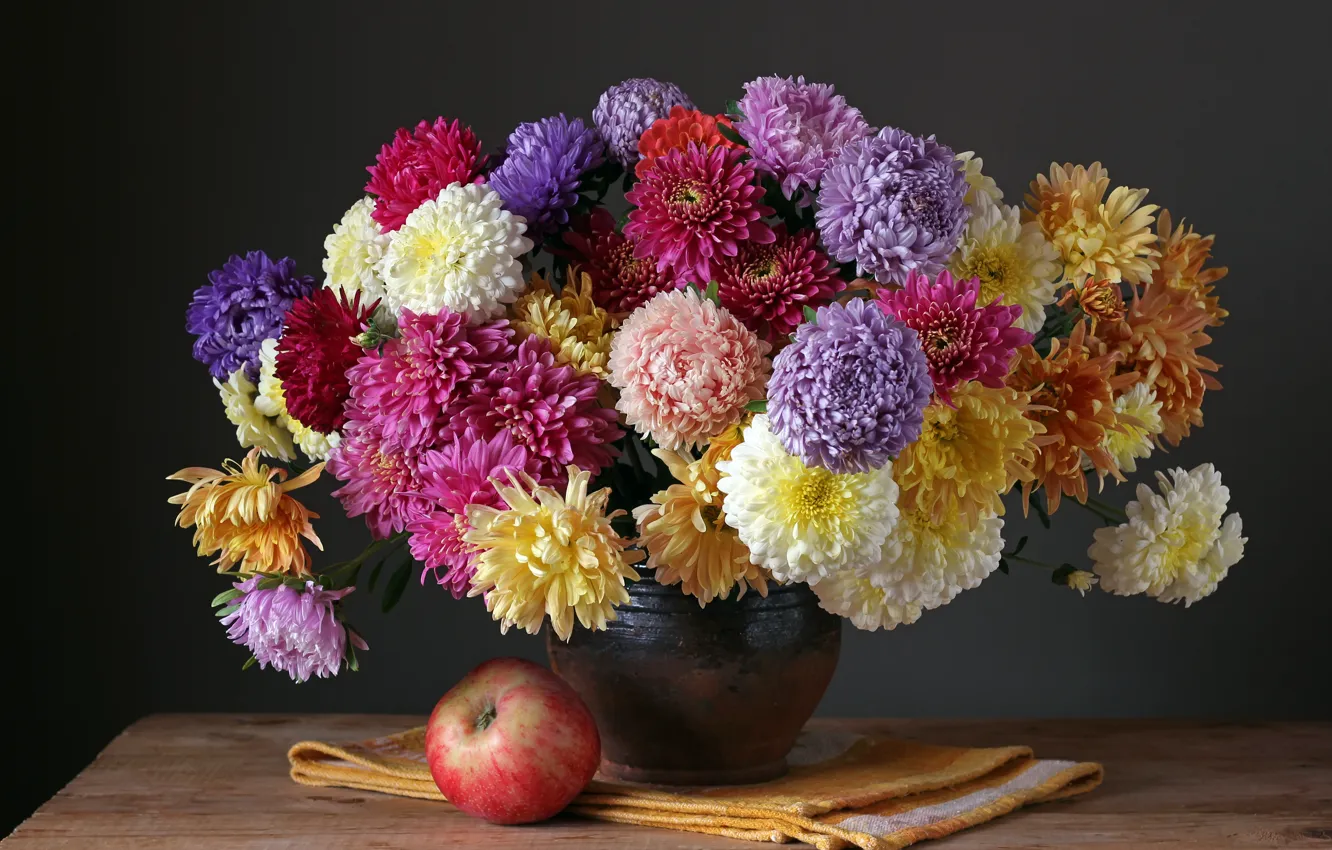 Photo wallpaper autumn, flowers, apples, bouquet, colorful, fruit, still life, flowers